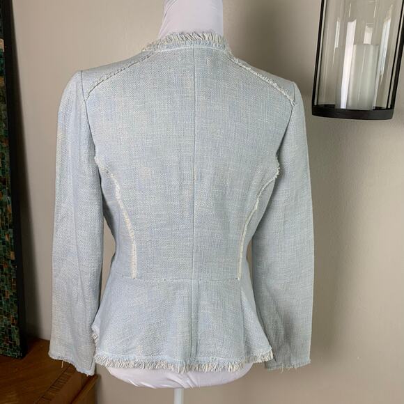 Sundance Sz 10 Cotton Tweed Blazer Jacket Blue Ivory Full Zip Raw Fringe Pockets - Picture 8 of 9